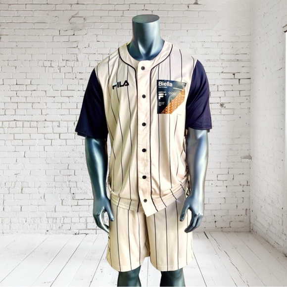 Men's Fila BeigeBlack Pinstripes Jersey Short Set